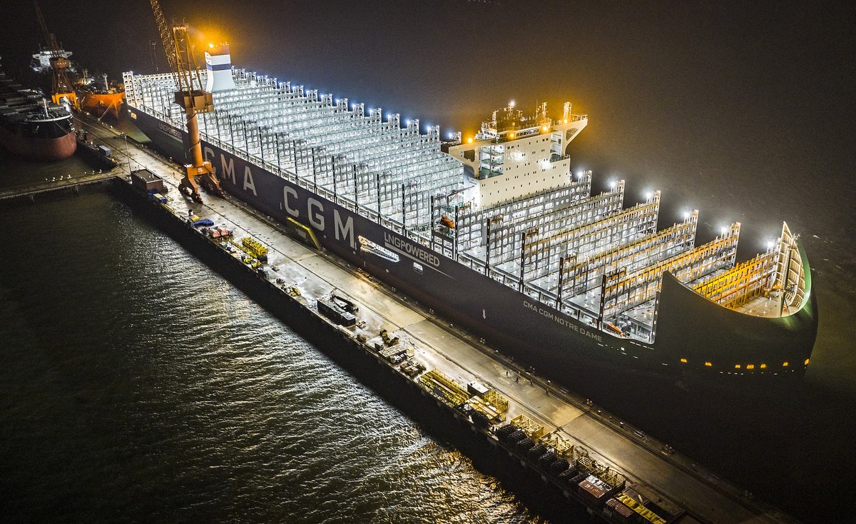 The world's largest China-built dual-fuel container ship was seen ...