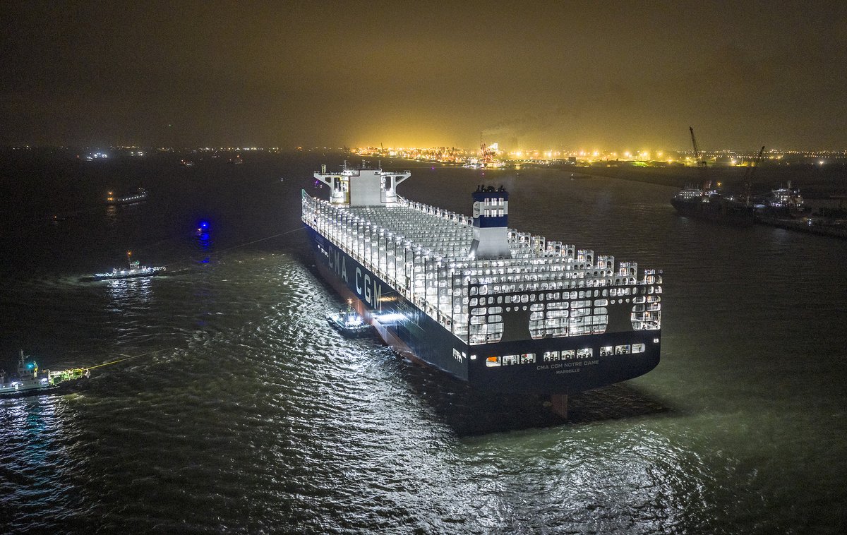 The world's largest China-built dual-fuel container ship was seen ...