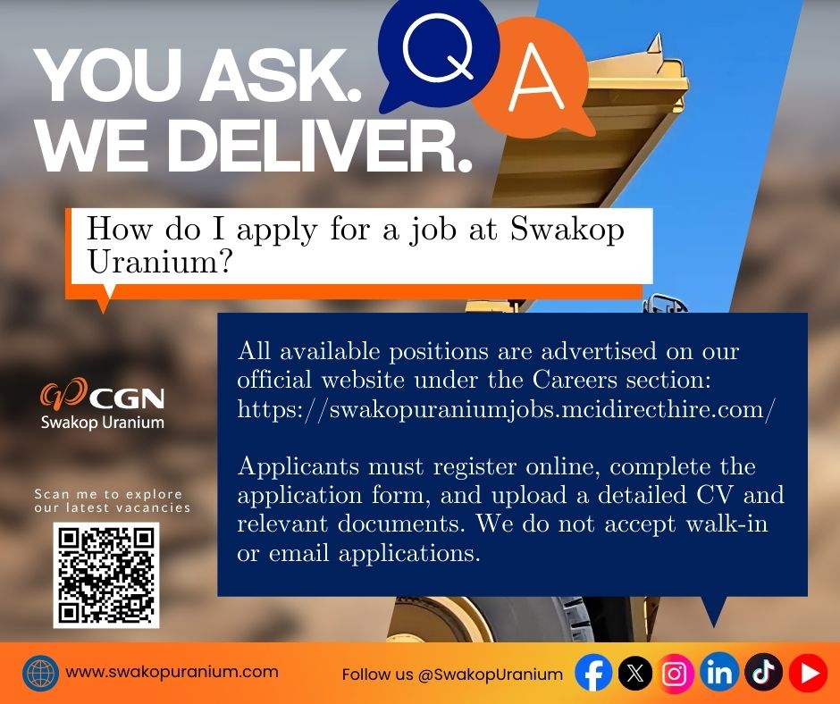 Big opportunities start with one bold step! Do you know how to apply for a vacancy at #SwakopUranium? We’ve made it simple! 👉 Click the link swakopuraniumjobs.mcidirecthire.com or scan the QR code to apply. 👨🏻‍💻🧑🏻‍💻 #JobAlert #SwakopUraniumCareers #TeamSU 👷🏻‍♀️👷🏻 #MoreThanMining 💙🧡 #HusabMine