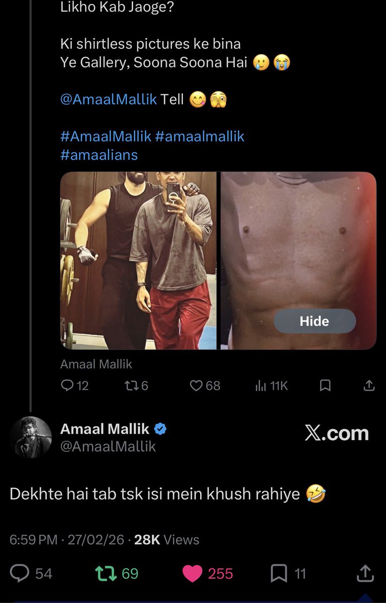 AmaalKeAbs's tweet photo. Taking my reply rightfully back 😭♥️

For🤣🤙

Messages Aate Hai
Humein Tadpaate Hai
Jo complain Aati Hai
Woh Poochhe Jaati Hai

Ke Abs Kab wapas kab laaoge?
Ke gym kab Jaaoge?
Likho Kab Jaoge?

Ki shirtless pictures ke bina
Ye Gallery, Soona Soona Hai

#AmaalMallik  #amaalians https://t.co/zyzG8PW1An