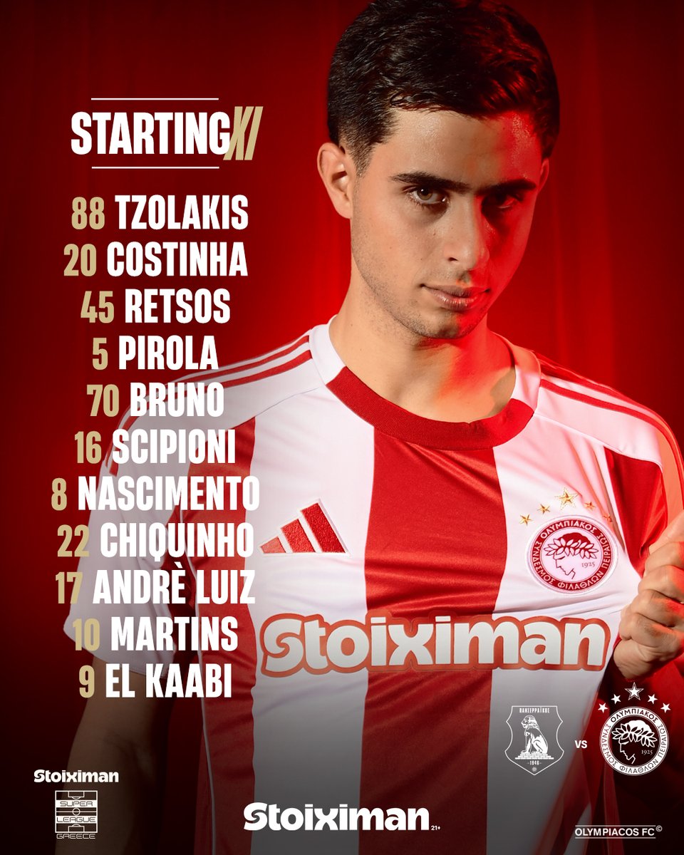olympiacosfc's tweet photo. Η ενδεκάδα της ομάδας μας για το ματς κόντρα στον Πανσερραϊκό από την Stoiximan! / Our line-up for today’s match against Panserraikos is powered by @Stoiximan! 🔴⚪️

#OlympiacosFC #PANOLY #slgr https://t.co/ZfK48ZS6EZ