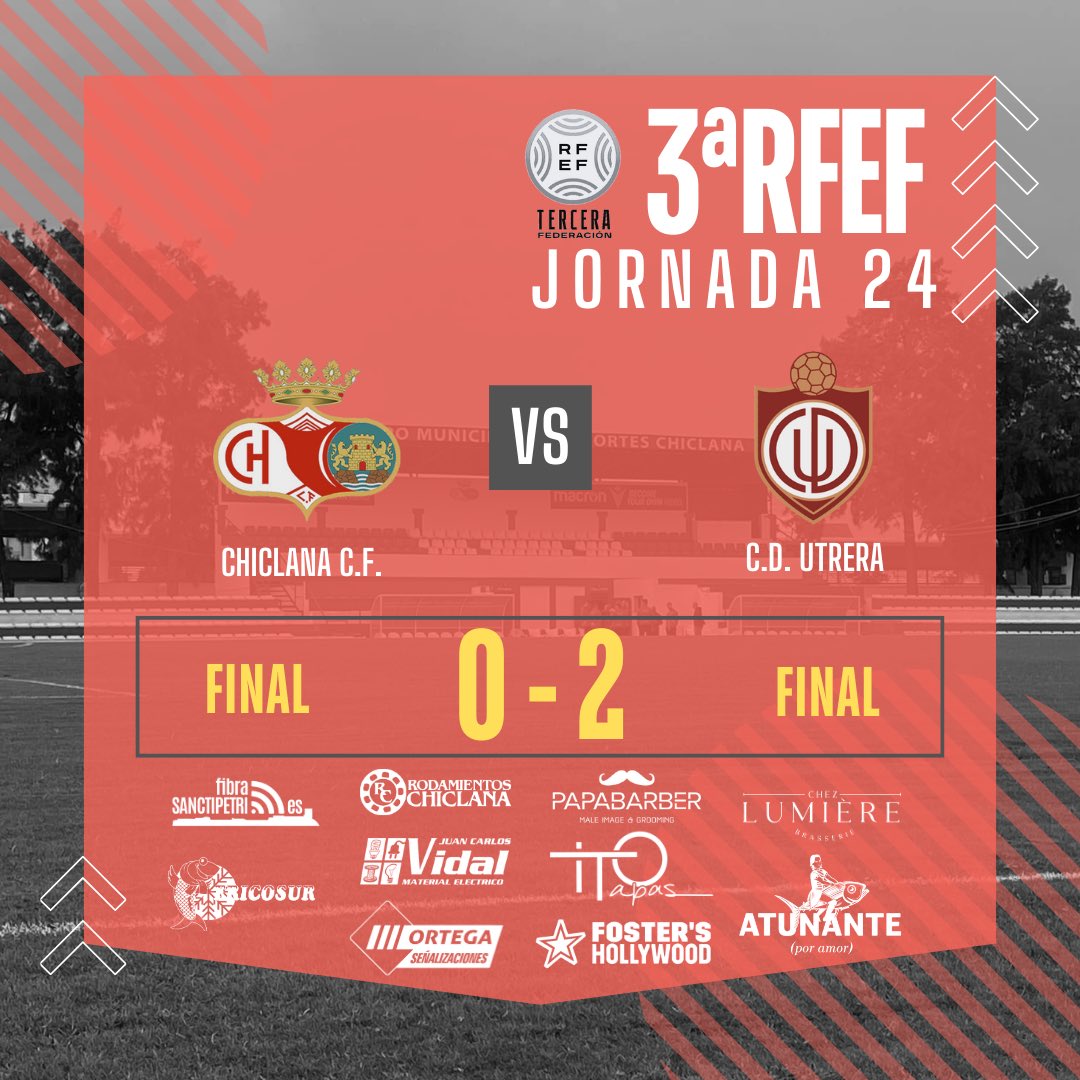 Chiclana_CF's tweet photo. ⚽️ #ChiclanaCF 🆚 #CDUtrera
🏆 #3aRFEF - J24
0️⃣-2️⃣ Final. Hoy no era el día. No nos hemos encontrado. Hay que descansar, resetear y pensar ya en el miércoles. ¡Nadie se rinde!
#ChiclanaCF #ChiclanaUtrera #LosSueñosSeViven https://t.co/MJjE18m0hl