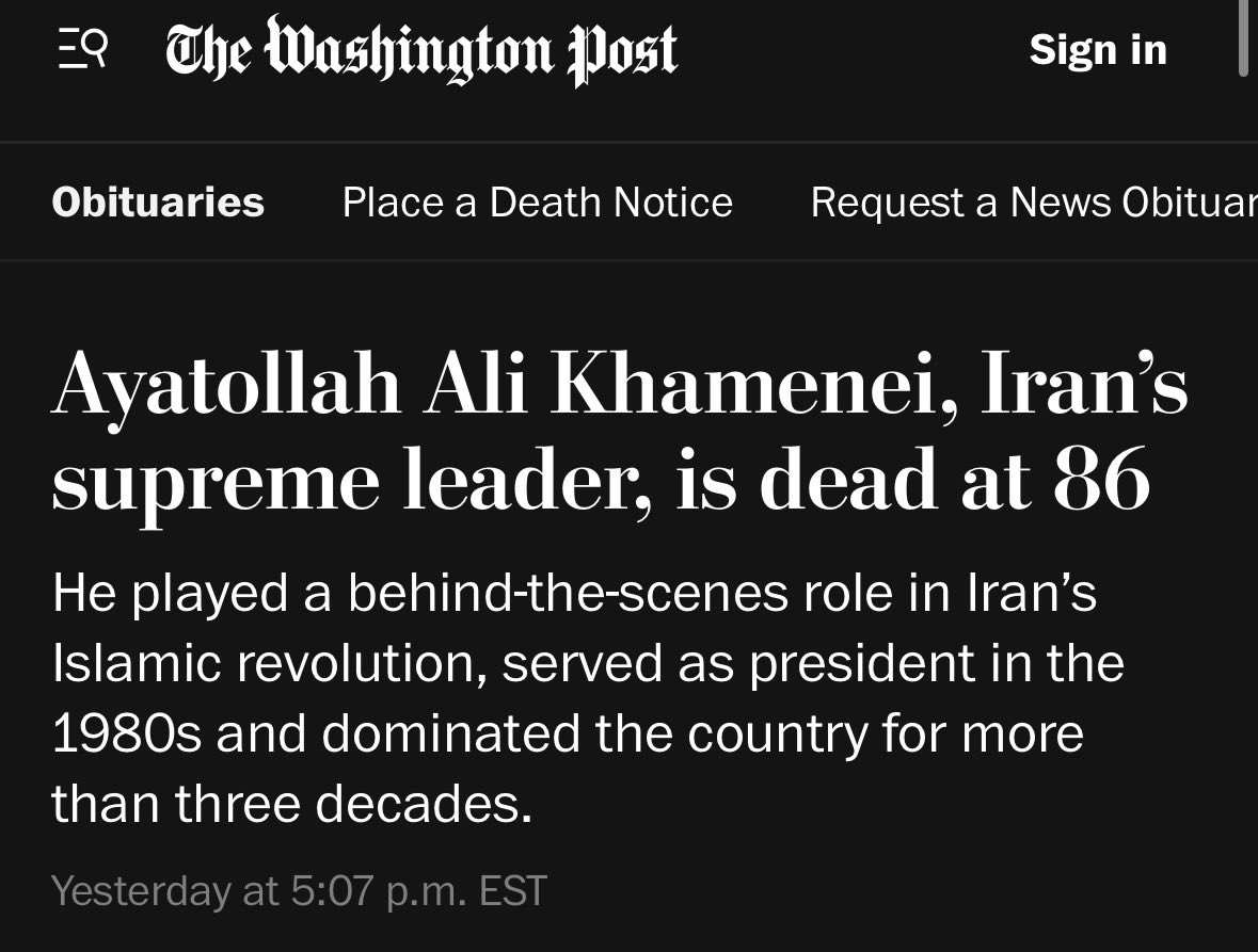 bonchieredstate's tweet photo. This is an actual paragraph from The Washington Post’s obituary for Khamenei.

Just astonishing stuff. https://t.co/BbPNLwN1w0