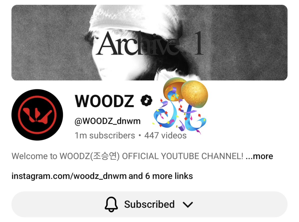 Congratulations 🎉🎊🌈

🔛WOODZ OFFICIAL YT CHANNEL🚨
youtube.com/@WOODZ_dnwm

1️⃣0️⃣0️⃣0️⃣0️⃣0️⃣0️⃣ subscribers got❤️‍🔥

Cannot wait to see him receive the 🪙Gold Creator Award🏅

Best gift before comeback🙌🫶

#WOODZ #우즈 #WOODZ_dnwm
#Archive_1 #1M_Subscribers