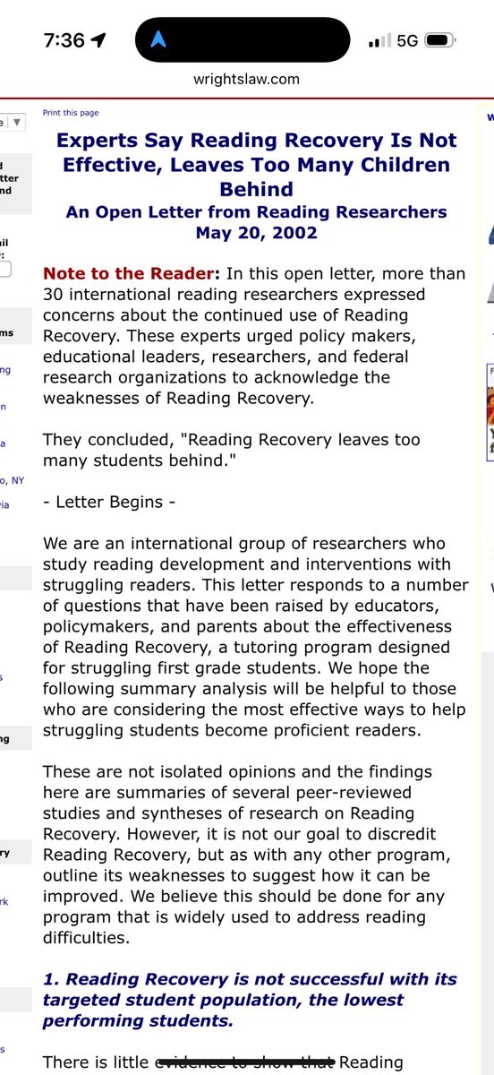 Look at the date. 
2002
Please, oh please…don’t 
Just don’t…
say you care about kids and continue to use Reading Recovery ❤️‍🩹 

It’s truly a crime.

Multiple studies tell the truth. Parents should not be left to “re-wire” brains to read words correctly.