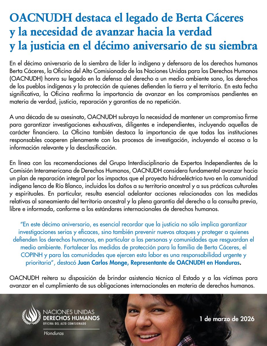 📢#OACNUDH destaca el legado de Berta Cáceres y la necesidad de avanzar hacia la verdad y la justicia en el décimo aniversario de su siembra.

🔗oacnudh.hn/oacnudh-destac…