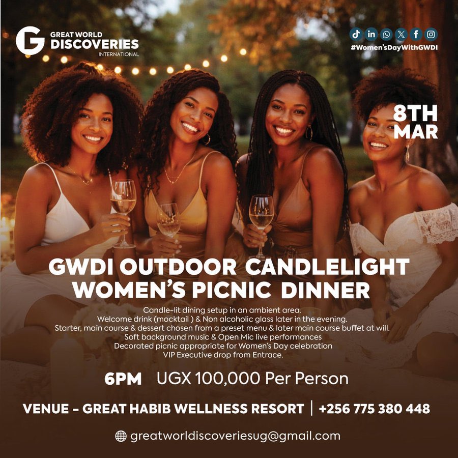 Celebrate #IWD2026 this Sunday 8th March with <a href="/GWDiscoveries/">Great World Discoveries International</a> 

The #WomensDayWithGWDI package will have a candlelight women’s Picnic Dinner hosted at <a href="/GreatHWResort/">Great Habib Wellness Resort</a> with lots of goodies that await you

 For inquiries 📞 +256 775 380 448
#TravelWithGWDI