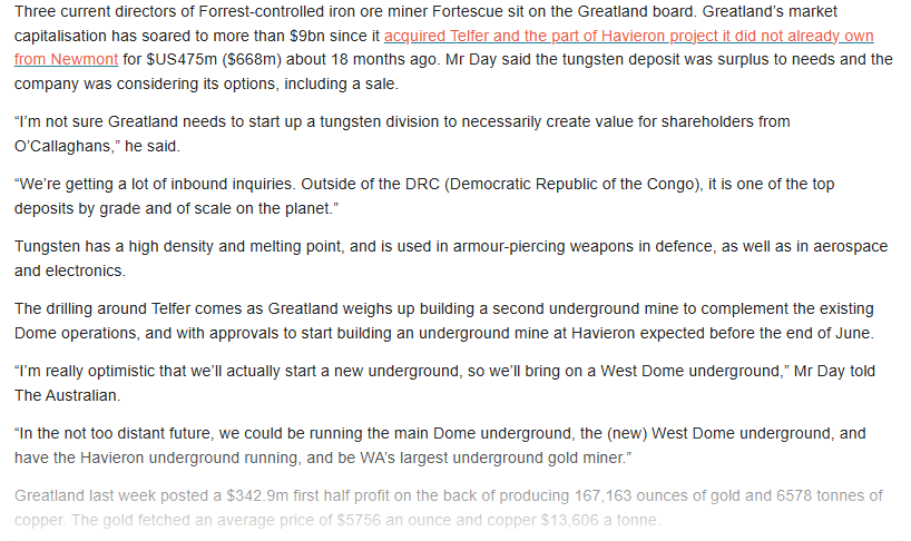 "Getting a lot of inbound inquiries about O'Callaghan's" 

Aiming to be WA largest underground miner with ore from 3 mines (including Havieron) to be processed alongside the open pit baseload

#GGP $GGP <a href="/Greatland_GGP/">Greatland</a> #Telfer #Havieron