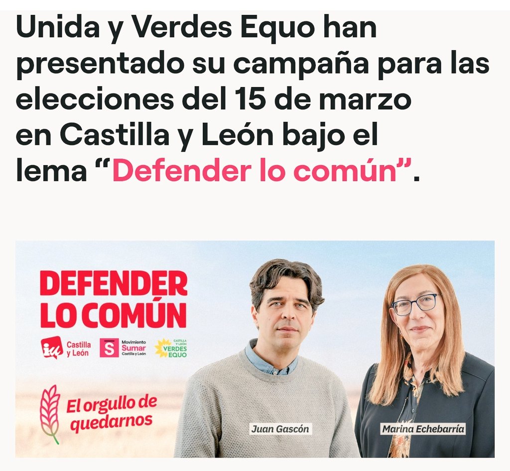 En Castilla y León hay una candidatura de gentes que van a defender los servicios públicos, la ampliación de derechos y la defensa de una tierra de gentes dignas.
<a href="/Juan_Gascon/">Juan Gascón 🔻</a> y <a href="/MarinaSaentz/">Marina Saenz</a> la encabezan.
Es un orgullo contar con mujeres y hombres valientes.