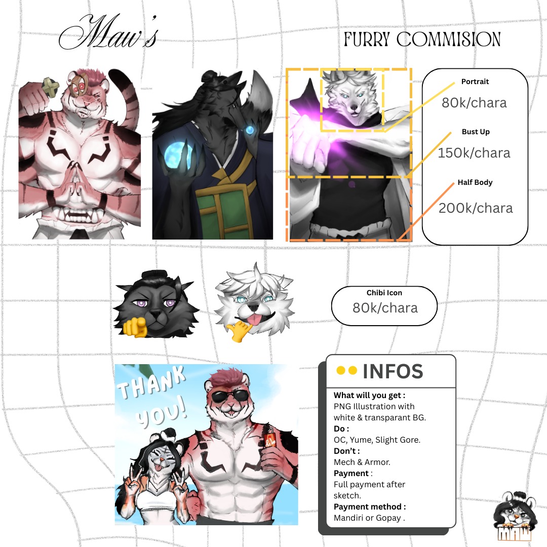 Maw00ng's tweet photo. [ Maw's Furry Commision Open ! ]
💖 Reshares Appreciated 💖
Feel free to DM kalau ada pertanyaan 🥺🙌
#CommissionOpen #commissionid #furryid https://t.co/ZIxX35QwI4