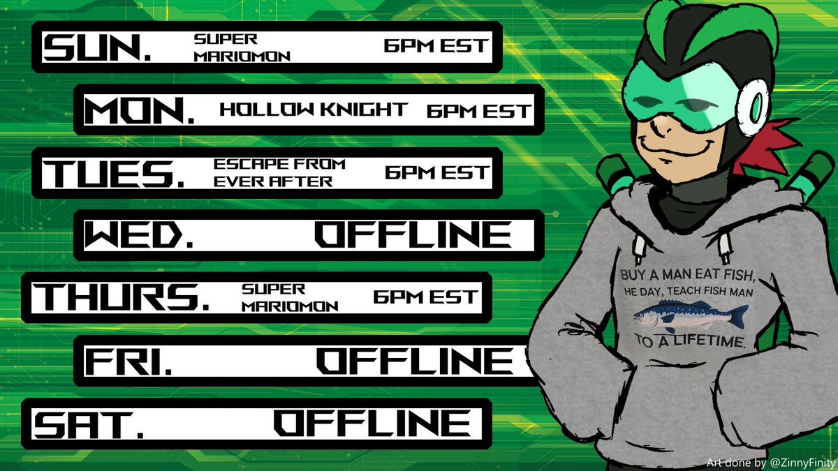 Its the first day of March, so lets kick this month off running!! 
 
Sunday - Super Mariomon 

Monday - Hollow Knight

Tuesday - EFEA

Thrusday - Super Mariomon

Off Wed./Fri./Sat.
All streams are at 6pm EST unless stated otherwise <3