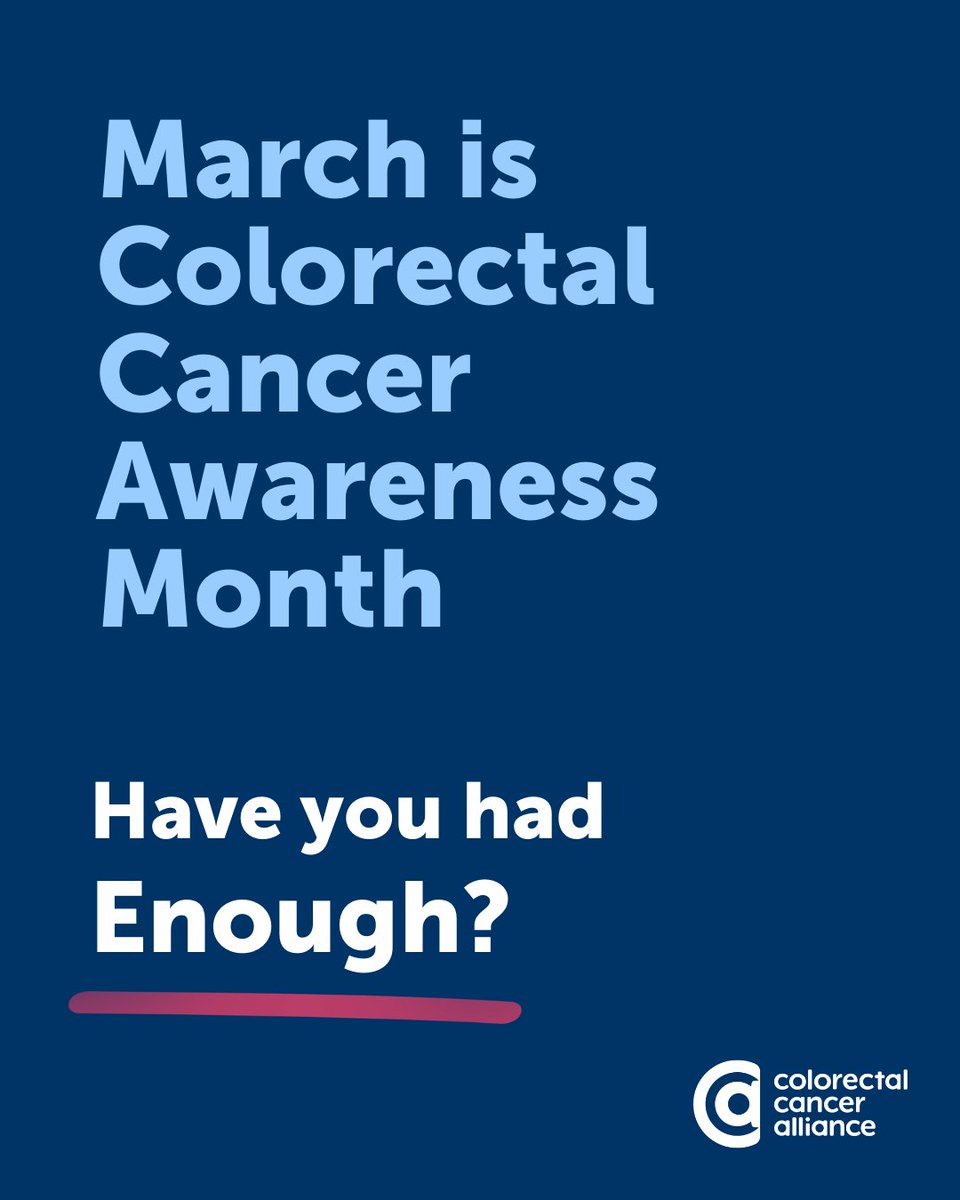 CCAlliance's tweet photo. March is National Colorectal Cancer Awareness Month, and truthfully, we've had enough.

Colorectal cancer is now the deadliest cancer in people under 50, yet it remains underfunded and under discussed while rates continue to rise. Enough.

We're asking you to share this, start the conversation, and help turn awareness into action.

Learn more and take action by visiting https://t.co/uxpuyRP98X.

#EnoughCRC #NationalColorectalCancerAwarenessMonth