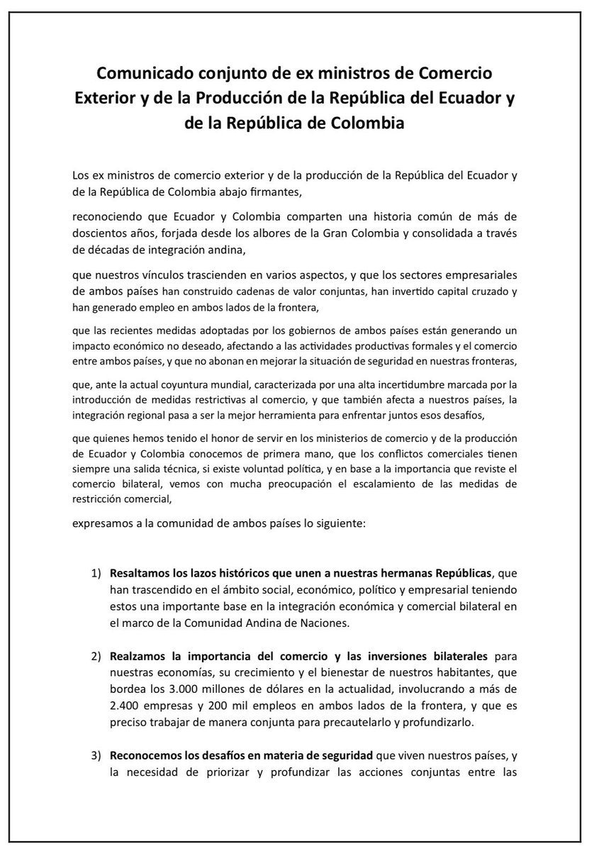 dlegarda's tweet photo. Comunicado conjunto de ex ministros comercio #EcuadorColombia 🇪🇨🇨🇴

Ecuador y Colombia comparten una historia común de más de doscientos años,  las relaciones entre nuestros países trascienden varios ámbitos; el comercio bilateral asciende a casi $3.000 millones, involucrando más de 2.400 empresas y 200 mil empleos, generando un círculo virtuoso que es preciso precautelarlo y profundizarlo 👇🏻