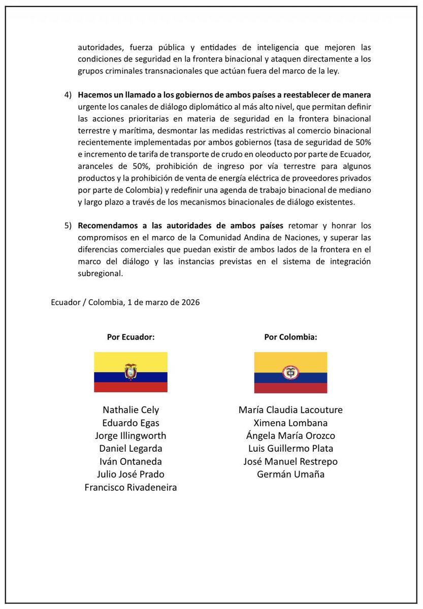 Comunicado conjunto de ex ministros comercio #EcuadorColombia 🇪🇨🇨🇴

Ecuador y Colombia comparten una historia común de más de doscientos años,  las relaciones entre nuestros países trascienden varios ámbitos; el comercio bilateral asciende a casi $3.000 millones, involucrando más