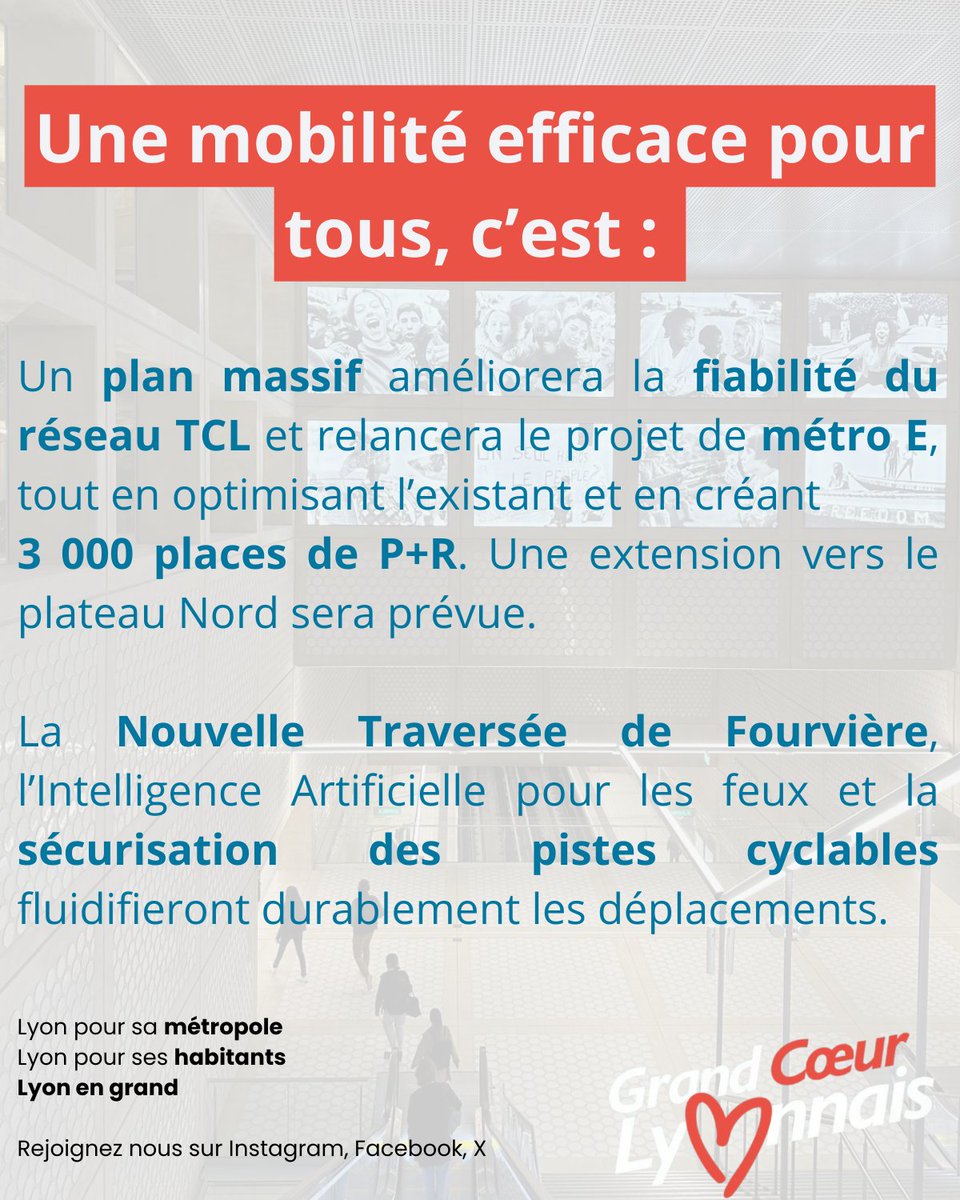 Qui dit mobilités du quotidien, dit plan ambitieux avec : L'amélioration de la qualité de service du réseau TCL, modernisation des lignes de métro, relance du métro E, Assises de la mobilité pour la stratégie à long terme et accélération du Service Express Régional Métropolitain