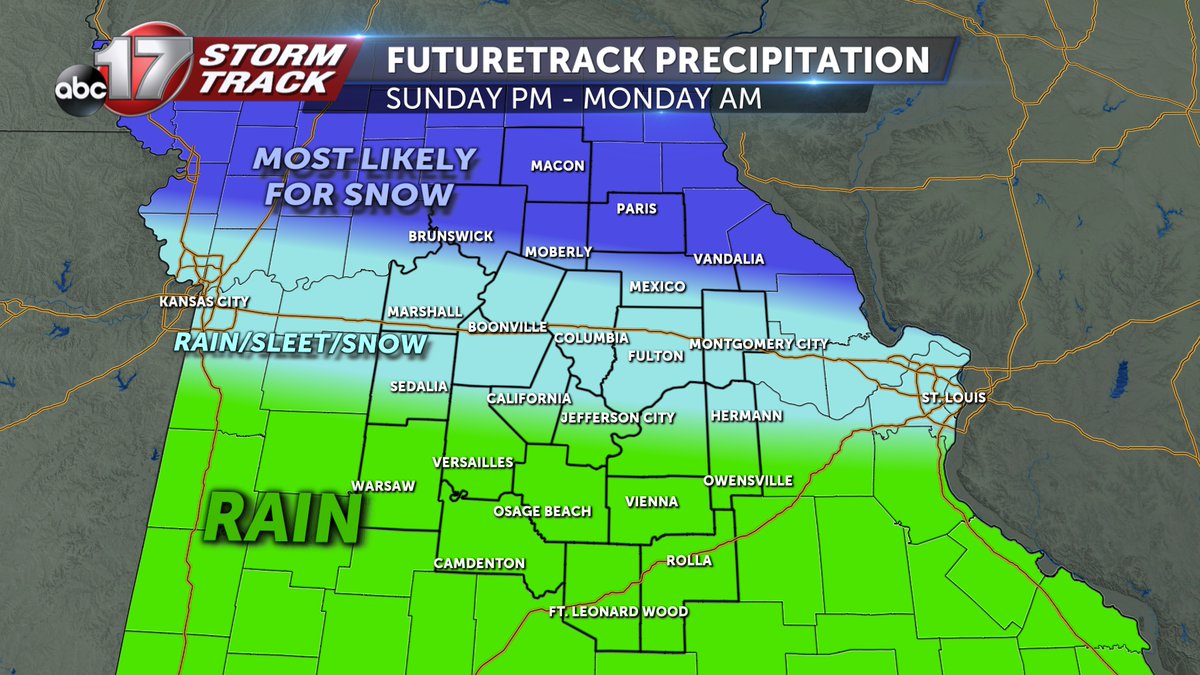SawyerJ_KMIZ17's tweet image. WINTRY END TO WEEKEND - It'll be dry most of the day, but widespread rainfall that transitions into sleet and snow for some is on track to enter Central Missouri this evening. This will exit tomorrow morning, leaving minor travel impacts for some. @ABC17News #midmowx #winterwx