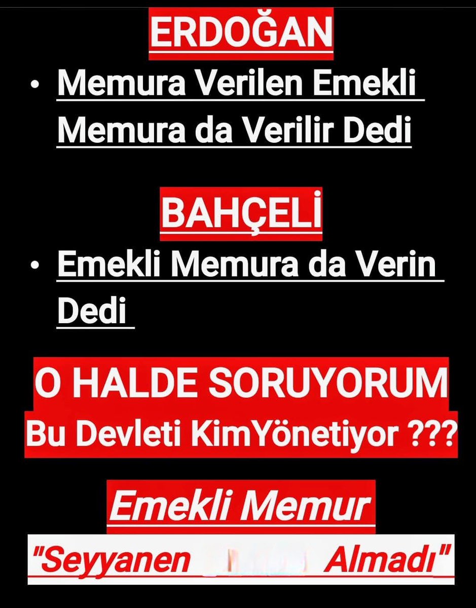 #AKPveMHP memur emeklisinin hakkını yedi cumhurbaşkanımızın sözüne rağmen.33 aydır hakkımız olan seyyanen zammı vermiyor.
#EmekliMemur'ların ne kötülüğünü gördünüz bu zulmü reva görüyorsunuz sizde hiç vicdan merhamet yokmu.
#MemurEmeklisineAdalet 
💥Ek madde iptal edilsin💥