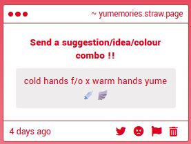 [ : ̗̀➛ Yume Prompt !! 🌸 ]

cold hands f/o x warm hands yume