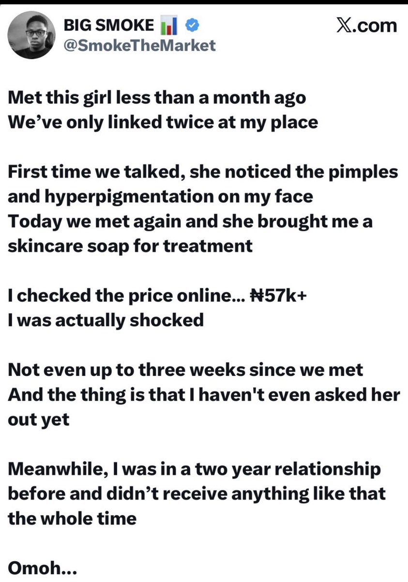Cr7Godbrand's tweet photo. Women have only two ways of reciprocating whatever you do for them. That’s how you know whether she truly likes you.

1. She spends her money on you without hesitation. She treats you with care, almost like a mother would. She pays attention to your hygiene, your clothes, your cologne, your food, and similar things. When a woman genuinely likes a man, she is eager to take care of him.

2. She does none of these things. This is because she has no real feelings for you and is only with you for personal reasons. 

When a woman has no feelings for a man, the relationship automatically becomes transactional. 

Essentially, the man pays through provision, money, gifts, and dates, while she pays with sex. 

When the payments stop at any point in the relationship or marriage, her sex also stops. This is why many men say their wives changed or left them after they lost their jobs.

Always pay attention to these two things about women. That’s how you know which one truly likes you.