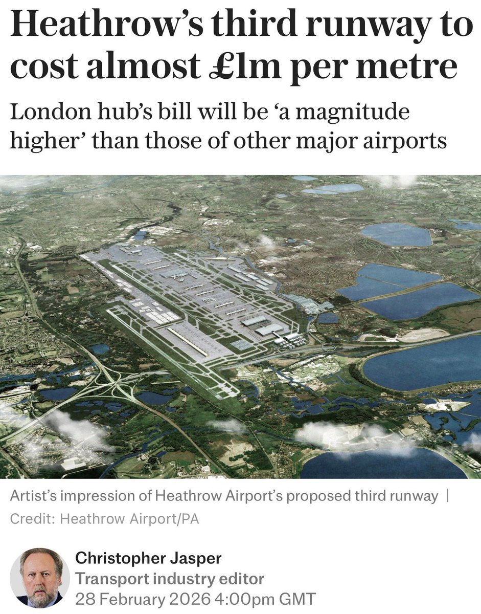 Britain is plagued by the corruption of a dying country.

95% of airport runways in Europe are built for £10,000-£100,000 per metre.

Britain’s is going to cost £1 million per metre. Rising to £5 million per metre when you include the foundations and additional taxiways.

The