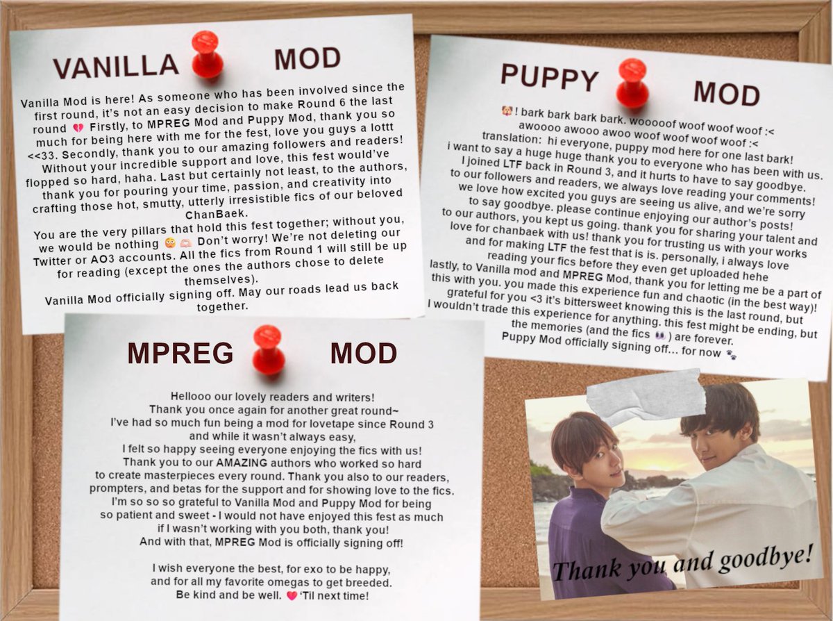 Hello everyone, LoveTape mods here! 💋

Round 6 has come to an end, and with it, LoveTape comes to a close. Thank you to all the readers, writers, and supporters who made this fest so special. 💕

Goodbye and take care!

Love, Vanilla Mod, Puppy Mod, and MPREG Mod.