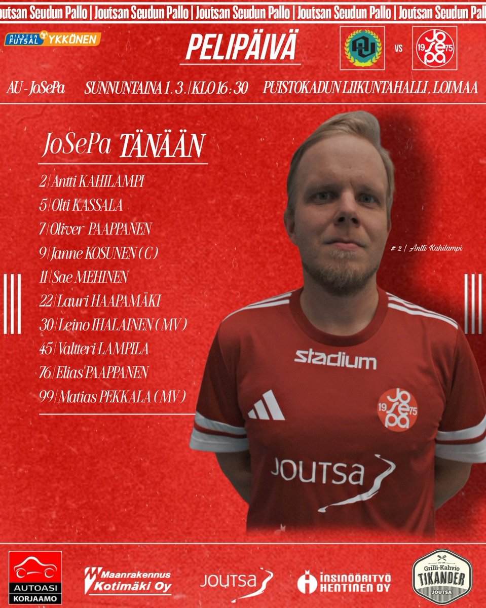 Pelipäivä! Sunnuntai ja suuntana Loimaa. Vastassa AU Puistokadun liikuntahallilla klo 16:30 alkavassa ottelussa! 👊🏻🔴⚽

Livestriimi AU Futsal YouTube kanavalla 📺
youtube.com/watch?v=dBvnQY…

#futsalfi #joutsa