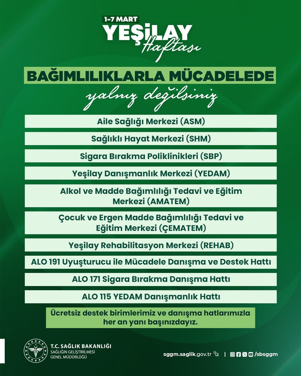 Bağımlılıklarla mücadelede Sağlık Bakanlığımız ve Yeşilay, aynı hedef için omuz omuza. 

Ücretsiz olarak hizmet sunan kurumlarımız ve danışma hatlarımızla; önlemede, tedavide ve iyileşme sürecinde daima yanınızdayız. 

#SağlıklıTürkiyeYüzyılı #SağlığıGeliştirenTürkiye