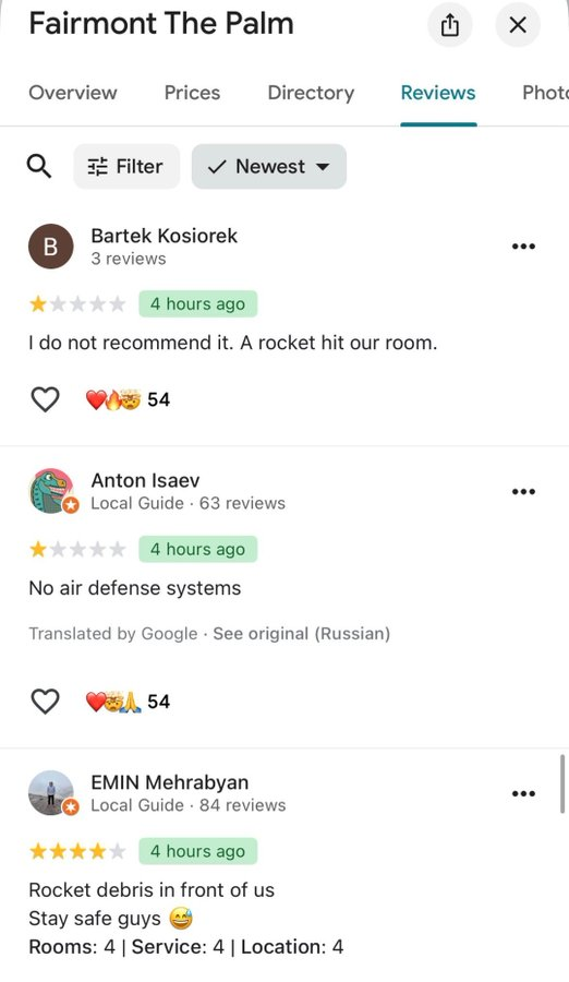 Dubai'de füze ile vurulan otele gelen yorumlar:

— Tavsiye etmiyorum. Odamıza bir roket isabet etti.
— Hava savunma sistemleri yok.
— Önümüzde roket enkazı vardı.