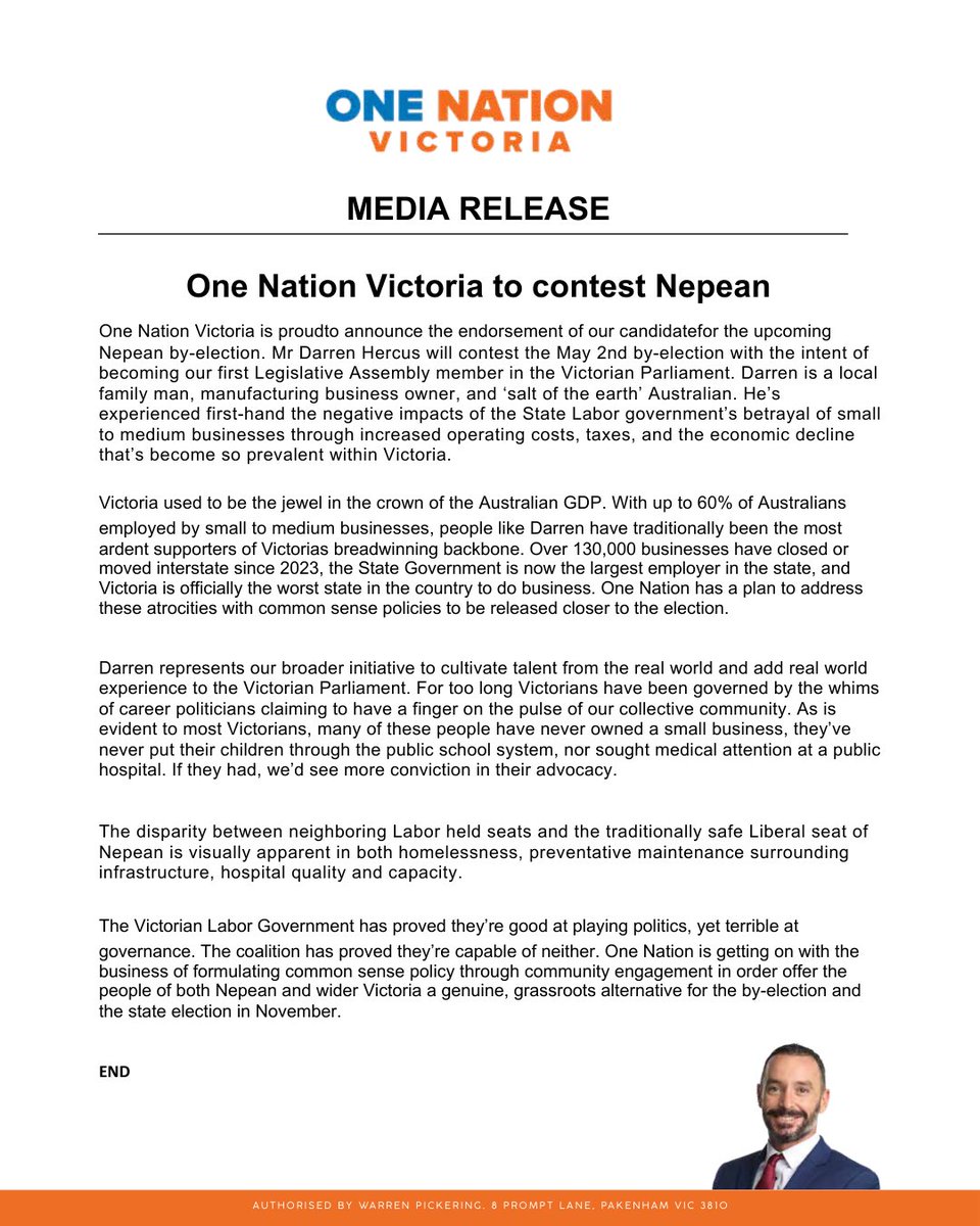 One Nation Victoria to contest Nepean

One Nation Victoria is proud to announce the endorsement of our candidate for the upcoming Nepean by-election. Mr Darren Hercus will contest the May 2nd by-election with the intent of becoming our first Legislative Assembly member in the