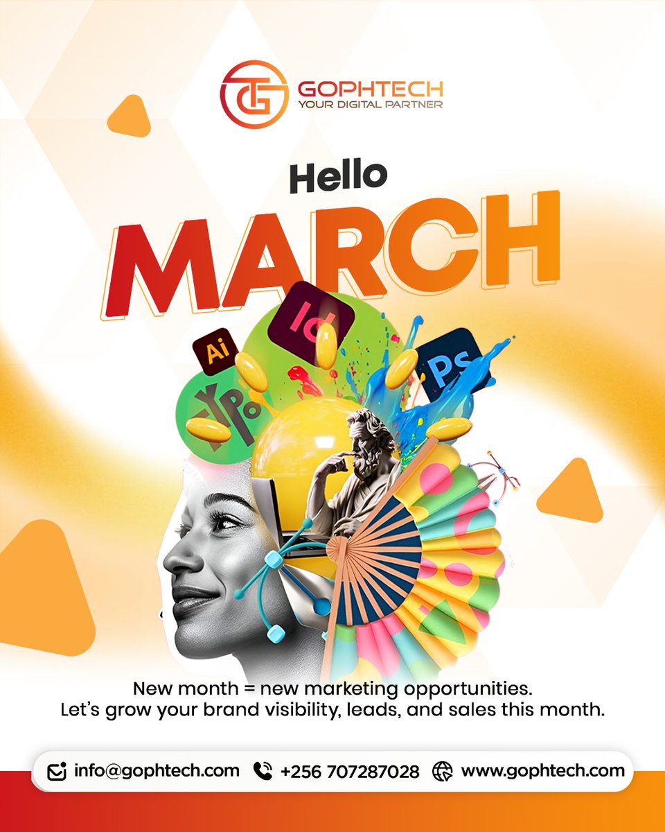 GophTech's tweet image. Hello March! 🌟
A new month means fresh ideas, smarter strategies, and bigger growth.
Let’s turn your brand goals into real results this March. 🚀
info@gophtech.com
gophtech.com
+256 707287028
#HelloMarch #NewMonthNewGoals #DigitalGrowth