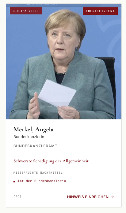 Haupttäterin des Staatsterrors: Angela Merkel

Der "Haftungsausschluss" für die Hersteller der "Impf"-Gifte ist eines der abscheulichsten Verbrechen der Angela Merkel. Es ist nun auch dokumentiert im Archiv der deutschen Staatsterroristen. Dank EURER Hilfe.

Macht weiter und