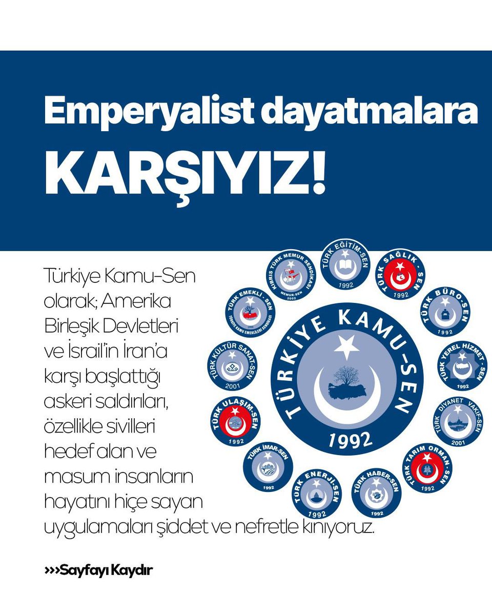 ttosgm's tweet photo. Emperyalist Dayatmalara Karşıyız! 

Türkiye Kamu-Sen olarak; Amerika Birleşik Devletleri ve İsrail’in İran’a karşı başlattığı askeri saldırıları, özellikle sivilleri hedef alan ve masum insanların hayatını hiçe sayan uygulamaları şiddet ve nefretle kınıyoruz.

Kendisini dünyanın sahibi ve hâkimi gibi gören ülkelerin, hiçbir değerle bağdaşmayan, diğer ülke ve halkların yaşama hakkına karşı gösterdiği bu hayasızlığın insanlık adına kabul edilmesi mümkün değildir. Bu çerçevede ABD ve İsrail’in dünyayı dizayn etme ve emperyalist emellerini gerçekleştirme planları bölgemizi bir kan gölüne çevirmekte, istikrarsızlığıyaygınlaştırmaktadır. 

Devletlerin egemenlik haklarını, uluslararası hukuku ve evrensel insan haklarını yok sayan bu saldırılar; yalnızca bölgesel barışı değil tüm dünyayı tehdit eden tehlikeli bir sürecin kapısını aralamaktadır. Savaşın kazananı olmaz. Bombaların altında can veren çocuklar, yerle bir edilen şehirler ve göçe zorlanan milyonlar, bu kirli hesapların en acı bedelini ödemektedir.

Ramazan’ın manevi iklimini en derin şekilde hissettiğimiz bu mübarek ayda, gerek ABD ve İsrail’in müzakerelerin sonucunu beklemeden başlattığı ve insani değerleri ayaklar altına alan saldırıları gerekse İran’ın çatışmanın dışında kalan ülkelere karşı saldırıları kabul edilemez. Bu tutumlar bolgedeateşi körüklemek ve çatışmaları siddetlendirmek dışında bir sonuç doğurmayacaktır. 

Sivillerin, hastanelerin, okulların, ibadethanelerin ve yaşam alanlarının hedef alınması açık bir savaş suçudur. Güçlü olanın hukuku değil, hukukun üstünlüğü esas alınmadıkça dünyada adalet ve barıştan söz etmek mümkün değildir. Küresel güçlerin kendi çıkarları uğruna halkları ateşe atması, insanlık vicdanında çoktan mahkûm olmuştur.  İnanıyoruz ki, ABD ve İsrail, hiçbir kirli emperyalist hedefine ulaşamayacak, akıttığı masumların kanlarında boğulacaktır. 

Türkiye Kamu-Sen olarak;
Sivillere yönelik her türlü saldırının derhal durdurulmasını,
Uluslararası toplumun çifte standartlı tutumdan vazgeçmesini,
Sorunların savaşla değil, diyalog ve diplomasi yoluyla çözülmesini,
İnsan hakları ve uluslararası hukukun herkes için bağlayıcı olmasını ve 
Aklı selimin galip gelmesini 
ısrarla talep ediyoruz.

Mazlumların yanında durmak, zulme karşı ses yükseltmek insan olmanın ve vicdan sahibi olmanın gereğidir. Türkiye Kamu-Sen, dün olduğu gibi bugün de savaşın, şiddetin ve emperyalist dayatmaların karşısında; barışın, adaletin ve insan onurunun yanında durmaya devam edecektir.

Kamuoyuna saygıyla duyurulur.

TÜRKİYE KAMU-SEN BASKANLAR KURULU
