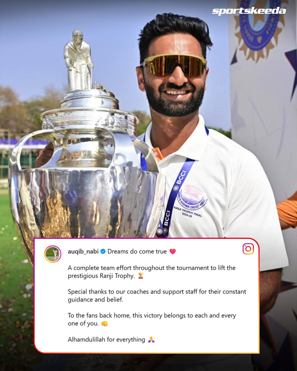 Sportskeeda's tweet image. The hero of Jammu &amp;amp; Kashmir, Auqib Nabi, shares his emotions after winning the Ranji Trophy 🫡🇮🇳

#Cricket #RanjiTrophy #AuqibNabi