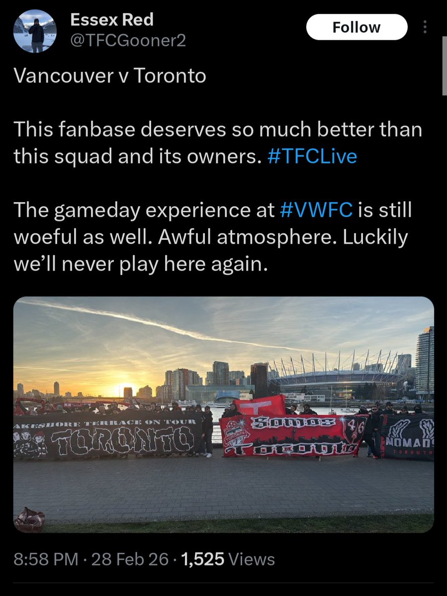 It's really funny how away fans come and go and a lot of them are always really cool and gracious, but every time TFC is here they're bitching and moaning about something to deflect at how shit they are. #VWFC