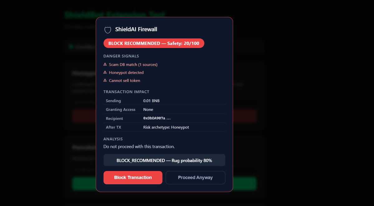 shieldbot_'s tweet photo. Hot take: 99% of crypto users have zero real transaction security.

It’s not because they’re careless. It’s because almost every tool they use is reactive rather than proactive.

Most "security" happens in another tab: 
❌ Googling a contract ≠ security 
❌ Checking BscScan ≠ security 
❌ A 3-month-old audit ≠ security

A rug pull doesn’t happen while you’re doing your research. It happens the exact millisecond you hit "Sign" button. 

Real security needs to be a firewall that sits between you and the blockchain. It should read, simulate, and score every transaction BEFORE your wallet confirms it, not after your funds are gone.

That’s why we built ShieldBot. We’ve integrated 6 specialized analyzers across 7 chains to flag honeypots, rug patterns, and malicious approvals in real-time—stopping the threat before the signature.

Try it on any BNB contract address right now:

< Telegram Bot (Live): https://t.co/tYrky99Q9t

< Chrome Extension: Currently under review on the Web Store!

Stop scanning after the fact. Start shielding before the sign.
cc: @BNBCHAIN @DoraHacks  @eth_cedric  @Surgexyz_