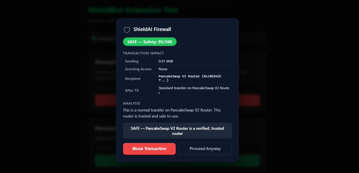 shieldbot_'s tweet photo. Hot take: 99% of crypto users have zero real transaction security.

It’s not because they’re careless. It’s because almost every tool they use is reactive rather than proactive.

Most "security" happens in another tab: 
❌ Googling a contract ≠ security 
❌ Checking BscScan ≠ security 
❌ A 3-month-old audit ≠ security

A rug pull doesn’t happen while you’re doing your research. It happens the exact millisecond you hit "Sign" button. 

Real security needs to be a firewall that sits between you and the blockchain. It should read, simulate, and score every transaction BEFORE your wallet confirms it, not after your funds are gone.

That’s why we built ShieldBot. We’ve integrated 6 specialized analyzers across 7 chains to flag honeypots, rug patterns, and malicious approvals in real-time—stopping the threat before the signature.

Try it on any BNB contract address right now:

< Telegram Bot (Live): https://t.co/tYrky99Q9t

< Chrome Extension: Currently under review on the Web Store!

Stop scanning after the fact. Start shielding before the sign.
cc: @BNBCHAIN @DoraHacks  @eth_cedric  @Surgexyz_