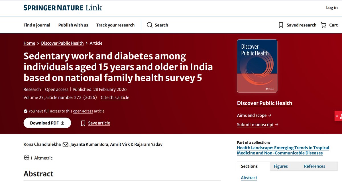 I am pleased to share our recent study highlighting a critical public health concern in India. Our findings show that individuals engaged in sedentary occupations bear the highest burden of diabetes: link.springer.com/article/10.118…