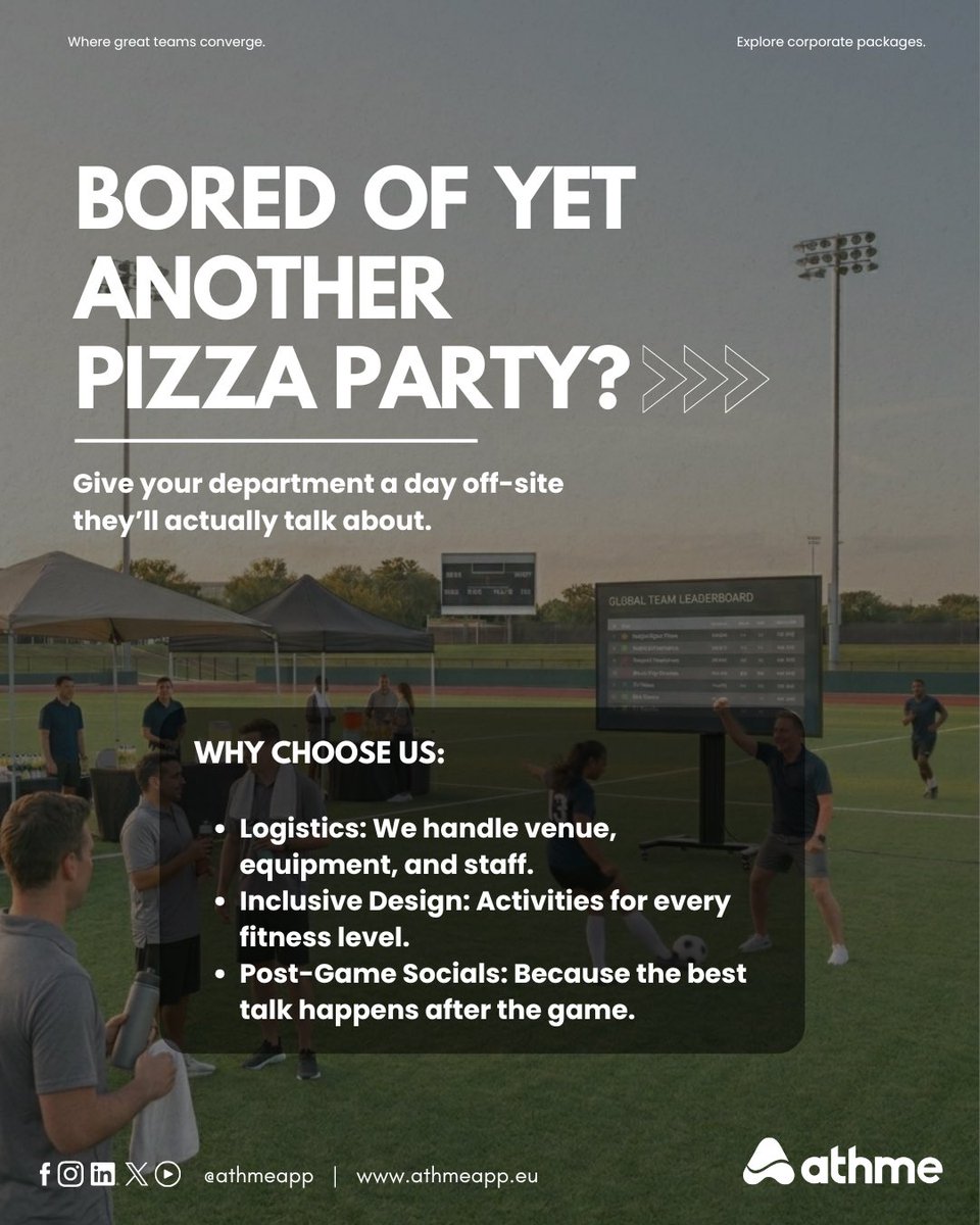 athmeapp's tweet photo. athme is now offering targeted sports event services tailored to your specific needs.

We handle everything from logistics and equipment to professional hosting. This means zero planning for you and a premium experience for your team.

Just drop us a DM to find out more. ➡️ https://t.co/OGGY6kIPre