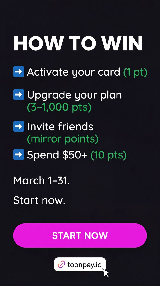 ToonPayOfficial's tweet photo. How to earn points:
→ Activate your card (1 pt)
→ Upgrade your plan (3–1,000 pts)
→ Invite friends (mirror their points)
→ Spend $50+ (10 pts)

Everyone starts at zero. The board runs all month.

Free Starter card — https://t.co/nkeLXDxVc0

#ToonPay #MarchChallenge #Fintech #Cashback #Rewards