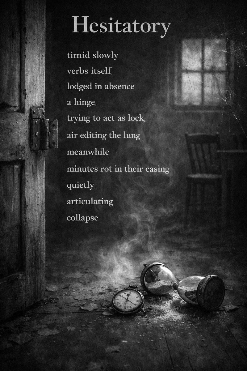 #vss365

Hesitatory

timid slowly  
verbs itself 
lodged in absence  
a hinge  
trying to act as lock  
air editing the lung  
meanwhile  
minutes rot in their casing  
quietly  
articulating
collapse.

#timid
#poetrycommunity
#writerscommunity