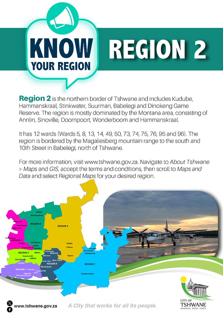 CityTshwane's tweet photo. #KnowYourRegion
Region 2 (North): Dominated by the Montana area (Annlin, Sinoville, Doornpoort, Wonderboom) and Hammanskraal, Stinkwater, Suurman, and Babelegi. https://t.co/F7uCW2jkFx