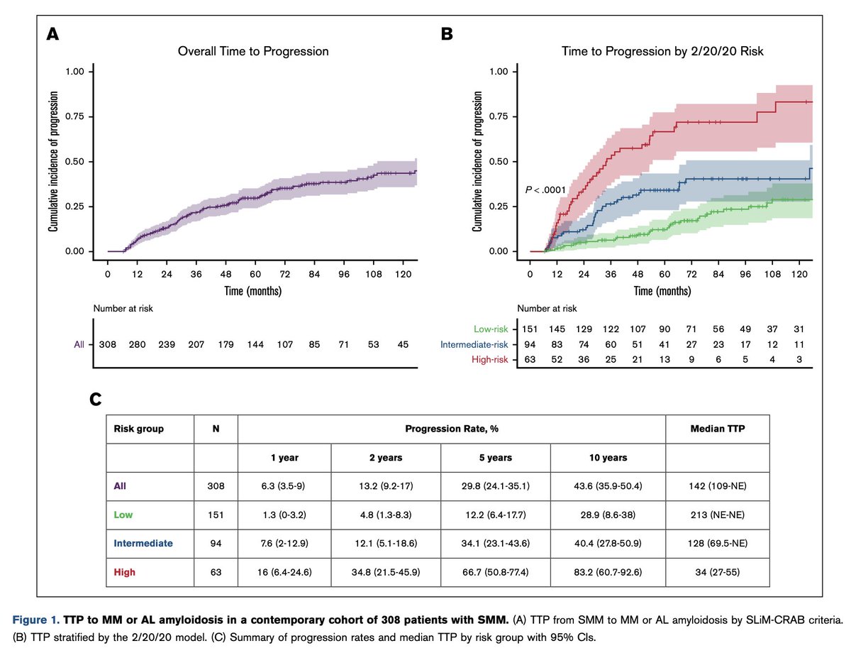 Myeloma_Doc's tweet photo. #Myeloma Paper of the Day: MSKCC study of 308 pts w/ smoldering myeloma finds lower risk of progression vs. historical reports w/ annual PD rate of ∼6.8% in 1st 5 years; high risk pts by 2/20/20 model had 2- &amp; 5-year progression risks of 35% &amp; 67%: https://t.co/FJJYyBguzl. #mmsm https://t.co/IkjDIvR7A5
