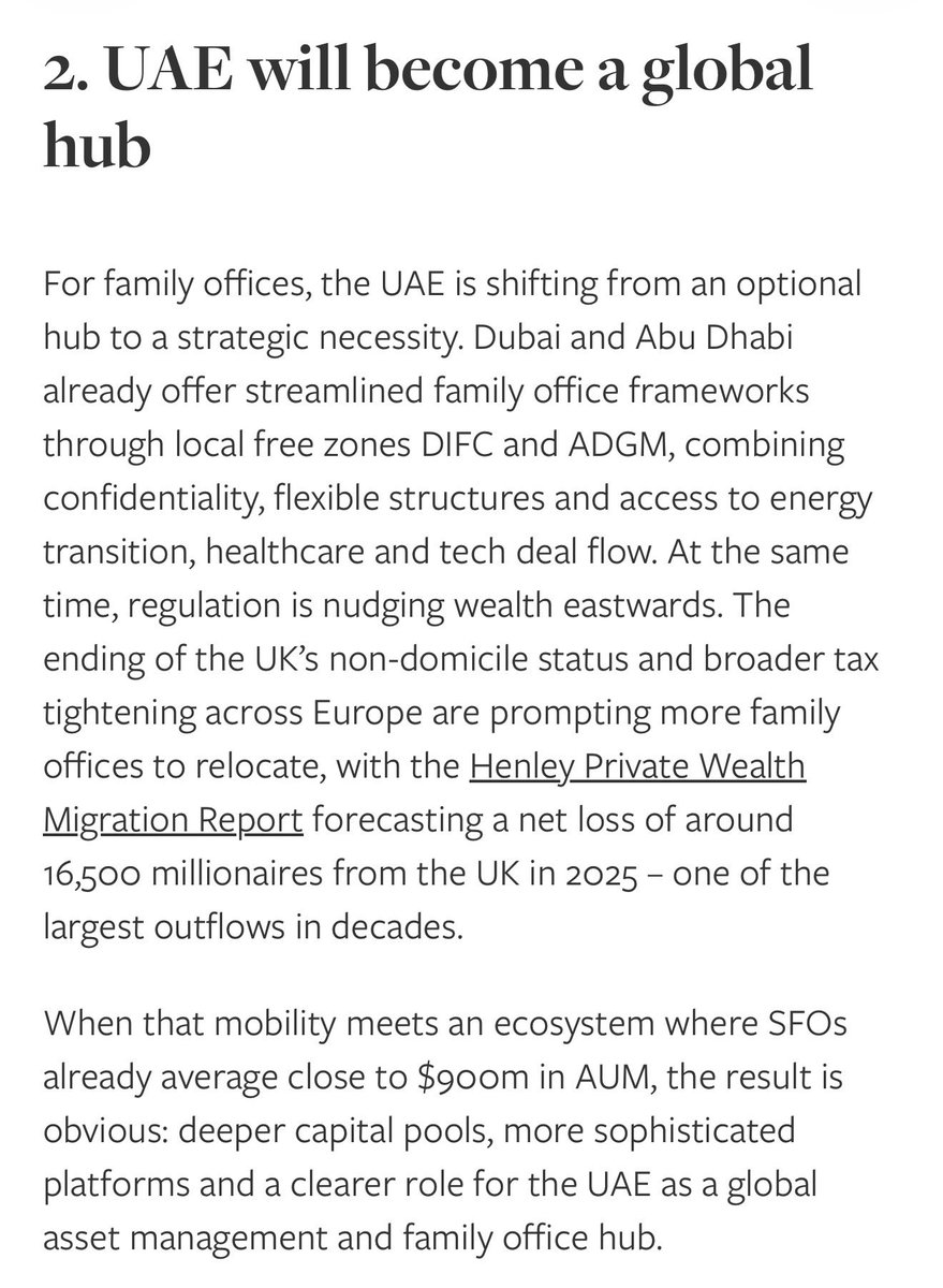 The Dubai International Financial Centre (DIFC) reported 1,289 family-related entities in 2025

An increase of 61% since 2024

The UAE has become a major hub for family offices 
All the forecasts were positive 

The UAE rode the wave of mobile capital and people, but will it cut