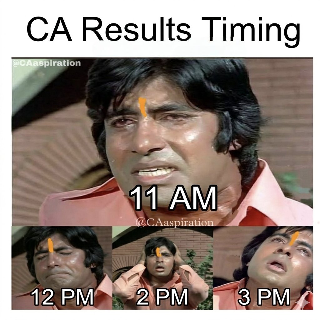 ParminderKHN's tweet photo. CA Results Timings
#ICAI #caresults #caexams #icaiexams 
#CAmemes https://t.co/20QrAcihqo