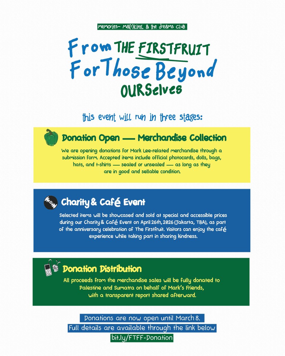 🫑 From The Firstfruit,
For Those Beyond Ourselves.

— A Special Collaboration with <a href="/memoriesmarking/">✧</a> ✨

Let’s celebrate #MARK’s 1st Solo Album Anniversary by sharing what we have 💙

Donations are now open until March 8.
📎 bit.ly/FTFF-Donation

#FromTheFirstfruit #TDCEVENT