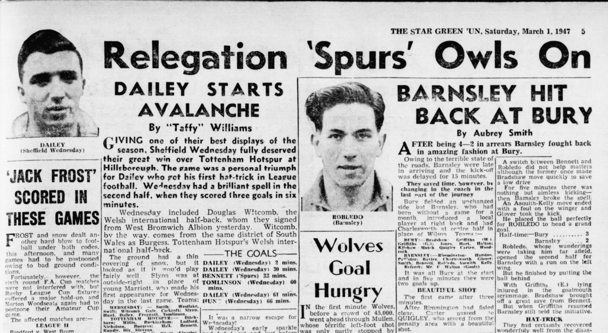 Dunsbyowl's tweet photo. #onthisday in 1947, Wednesday were 19th in the 2nd Division after a cracking 5-1 home victory vs @SpursOfficial in front of 23,144 #swfc goals Jimmy Dailey 3, George Hunt & Charlie Tomlinson #swfc #SheffieldDouble https://t.co/FKKinEPjP3