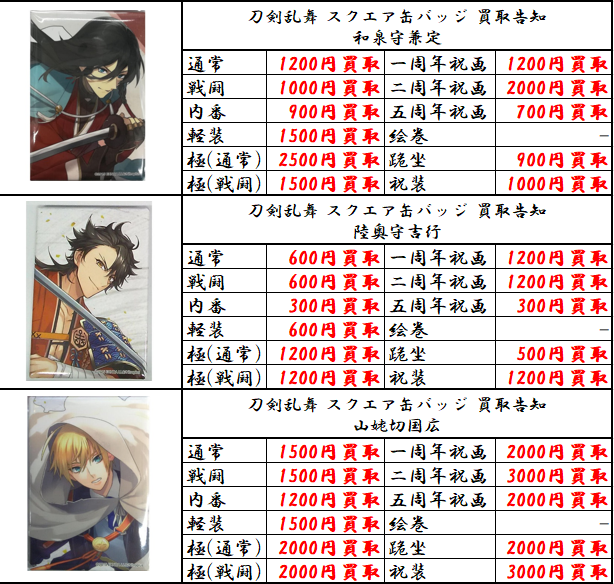 買取情報】#刀剣乱舞 ・スクエア缶バッジ各種 当店の買取ご利用お待ち