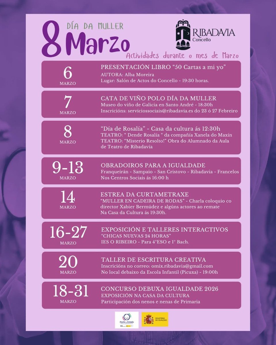 CRibadavia's tweet photo. Marzo é mes de igualdade en Ribadavia 💜

👉O Concello de Ribadavia presenta unha programación especial arredor do 8M con propostas culturais, obradoiros, teatro, cine, exposicións e o concurso escolar Debuxa Igualdade 2026.

#8M #DíaDaMuller #Ribadavia #Igualdade https://t.co/gxCWoD32df