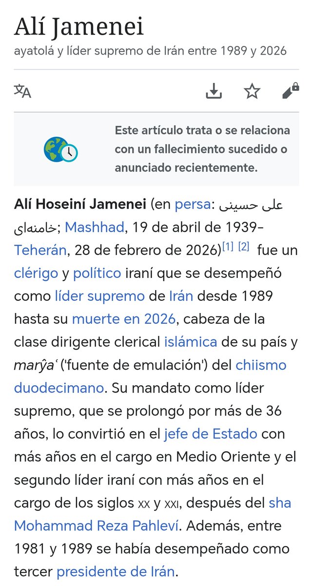 Increíble. Estuve pendiente sobre está noticia en Wikipedia, y ya veo que actualizaron los datos y pusieron 'FUE' es decir ya no cabe duda, si está con San Pedro Alí Hoseiní Jamenei 💀