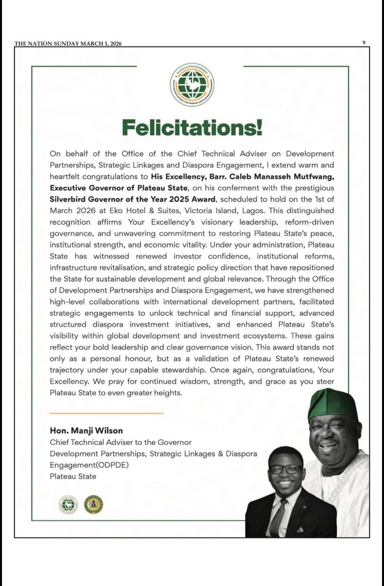 Felicitations!

On behalf of the Office of the Chief Technical Adviser on Development Partnerships, Strategic Linkages and Diaspora Engagement, I extend warm and heartfelt congratulations to His Excellency, Barr. Caleb Manasseh Mutfwang, Executive Governor of Plateau State, on